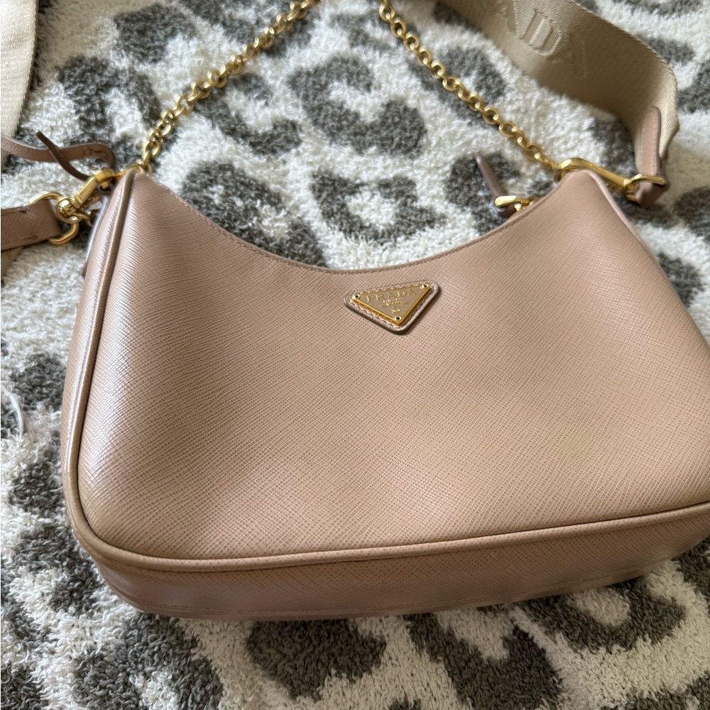 Prada Blush Pink Leather Shoulder Bag with Gold Accents